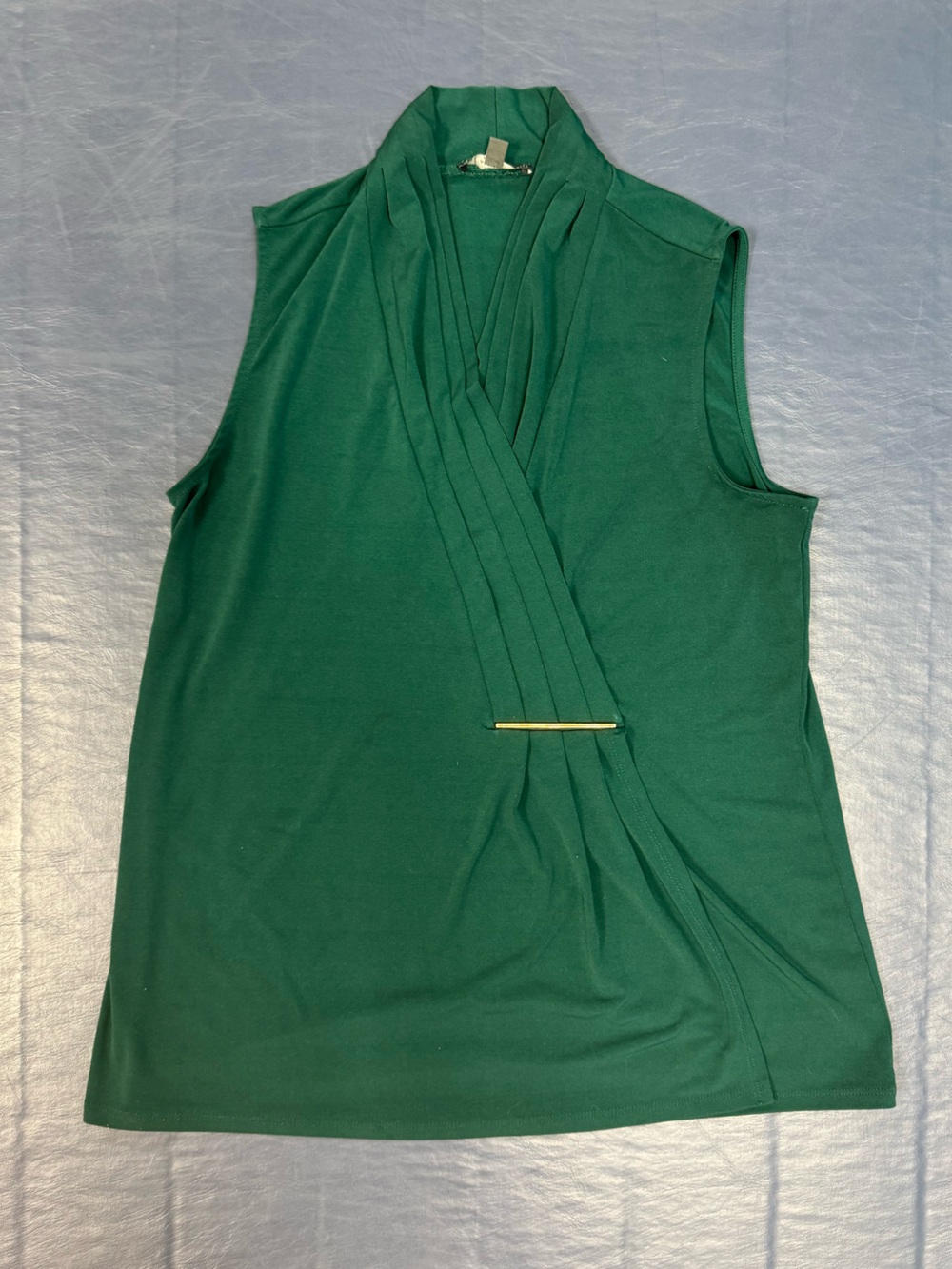 Adrianna Papell Emerald Green Sleeveless Wrap-Front Top with Gold Accent
